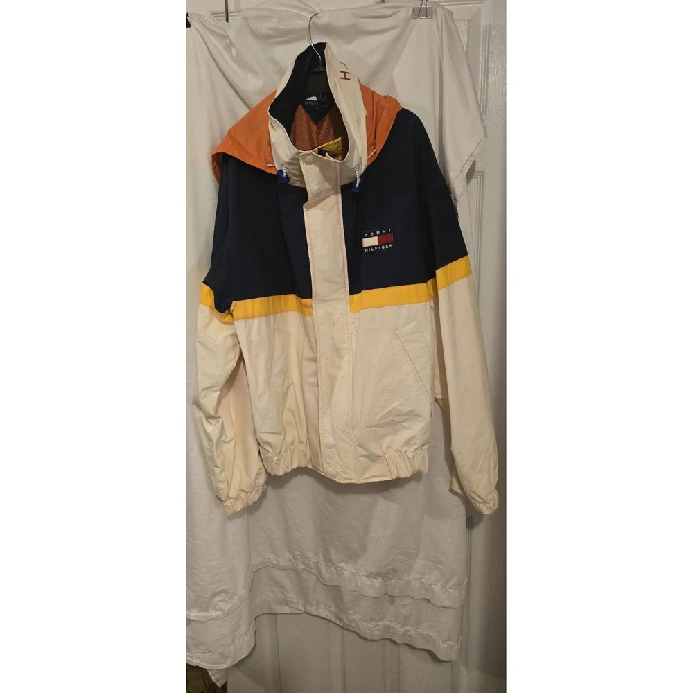 Vtg 90s Hilfiger Ski Jacket Boating Coat Yellow Hooded Sailing Parka Mens XL